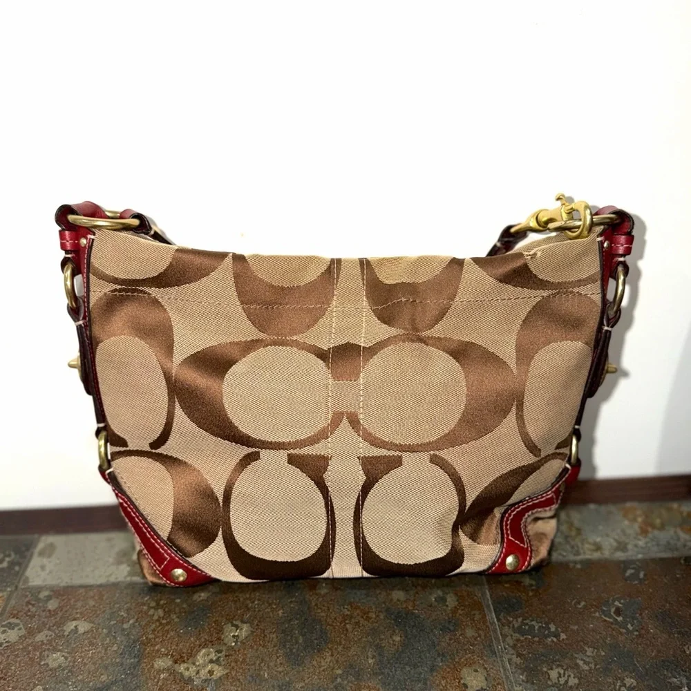 Vintage Coach Signature Canvas Red Leather and Brass Embellished Shoulder Bag - Picture 8 of 9